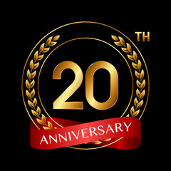 20th Anniversary. Anniversary Logo Design with Laurel Wreath and Red Ribbon for Celebration Event, Wedding, Invitation, Greeting Card. Logo Vector Illustration