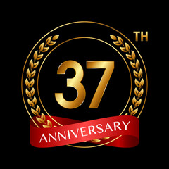 37th Anniversary. Anniversary Logo Design with Laurel Wreath and Red Ribbon for Celebration Event, Wedding, Invitation, Greeting Card. Logo Vector Illustration