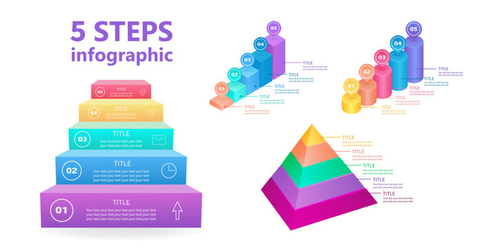 Business infographics. A set of stairs and pyramids of 5 steps. 3 D. Vector illustration.
