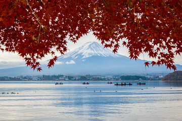 Fuji mountain and Tourist Boat in Autumn at Kawaguchiko Lake, Japan