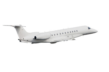 White luxury private jet flies isolated on transparent background