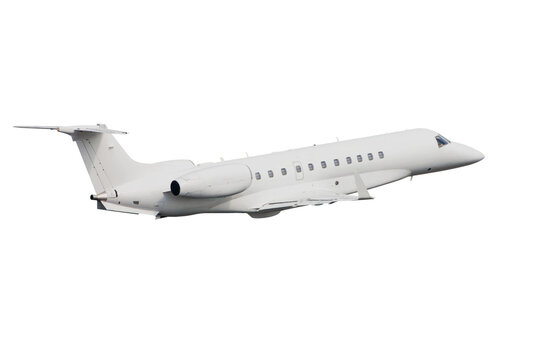 White Luxury Private Jet Flies Isolated On Transparent Background