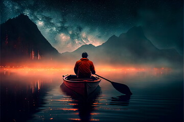 Naklejka na ściany i meble Man in boat in the ocean. Seascape. Starry night, clouds, a large growing shining moon.