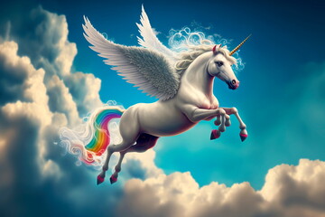White unicorn in the rainbow in clouds background