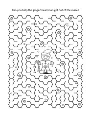 Maze game and coloring page for kids: Help the gingerbread man get out of the maze!
