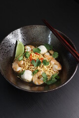 Thai Instant Noodles, Shrimp Tom Yum with Fish Balls, Cilantro, Red Chili, Lime