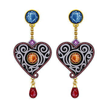 Jewelry design art vintage mix heart earrings. Hand drawing and painting on paper.