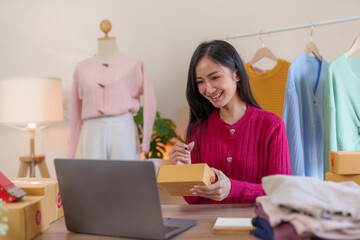 Beautiful Asian online business owner who sell cloth online and explain the feature, prices and characteristic of the product using a laptop.