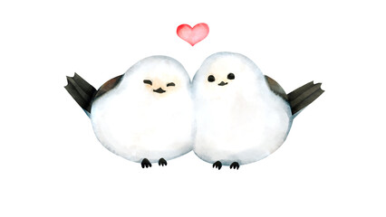 ハートマークと2羽のシマエナガの水彩風背景透過イラスト