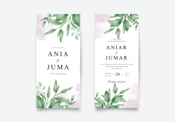 Wedding invitation card template set with watercolor green leaves