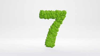 3D illustration of number seven. Cute green bush cartoon style, isolated on white background with clipping path