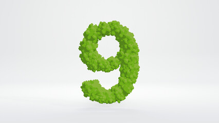 3D illustration of number nine. Cute green bush cartoon style, isolated on white background with clipping path