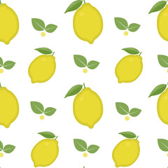 Seamless pattern of yellow lemon and leaves on white