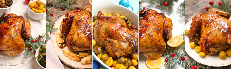 Collage of tasty baked chicken for Christmas dinner on table, closeup