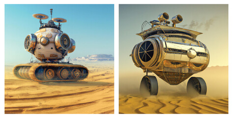 Set of two Generative AI futuristic space vehicles moving on dusty sand. Derived from the text prompt: Complex futuristic steampunk robot hovercraft above desert dunes in a sandstorm. - obrazy, fototapety, plakaty