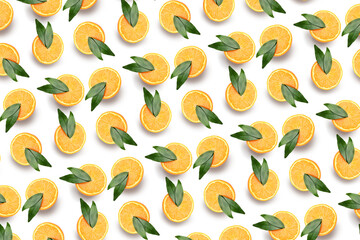 Fresh juicy oranges with leaves on white background. Pattern for design
