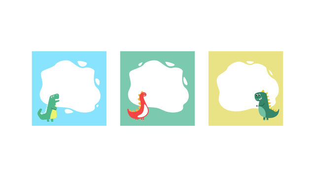Flat dino set of frames for photos, templates for text or invitations vector design
