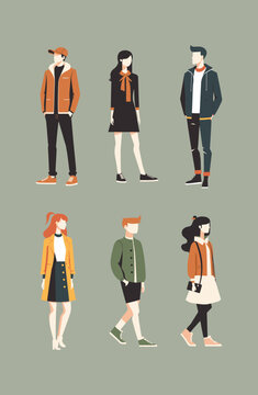 Set of vector people character illustrations, standing, walking. Social group of men and women flat design 2d cartoon characters isolated on background.