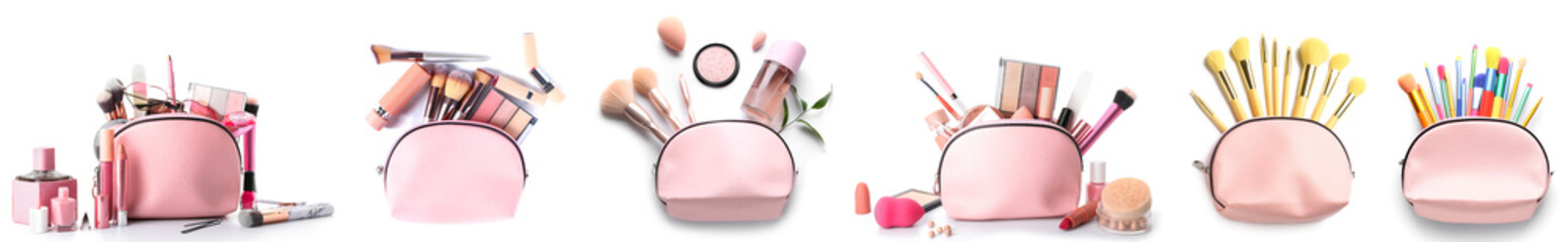 Collage of pink makeup bags with decorative cosmetics and accessories on white background
