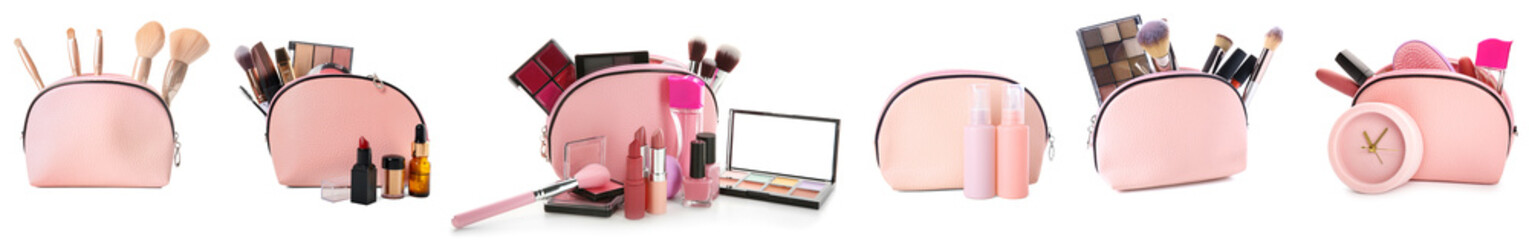 Collection of pink makeup bags with decorative cosmetics and accessories on white background