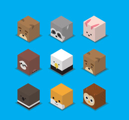 Dice Box 3D Character American Animal Set Cartoon Vector