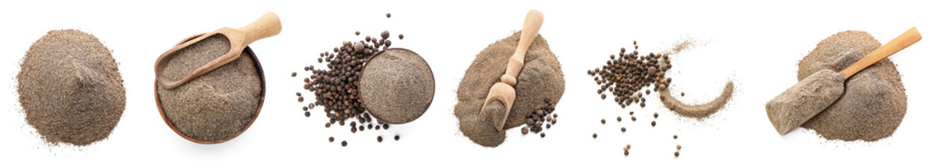 Collage of black pepper powder on white background, top view