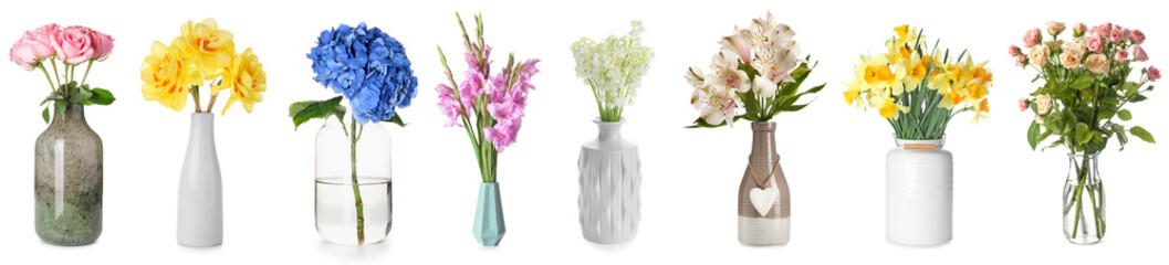 Collage of beautiful fresh flowers in stylish vases on white background