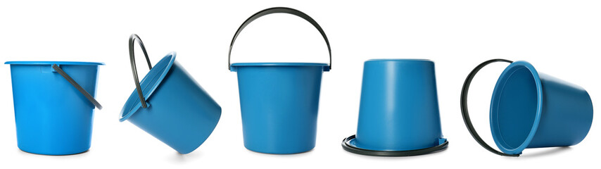 Collage of blue plastic bucket on white background