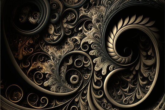  a computer generated image of a spiral design in gold and black colors with a black background and a black background. Generative AI