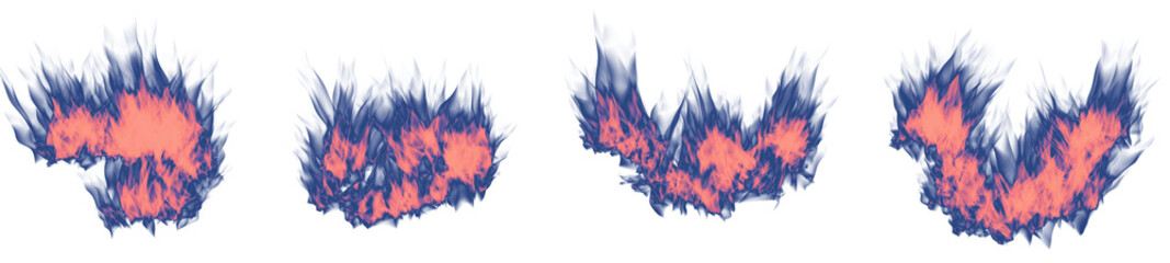 Separate localized combustion centers with translucent flames of dark indigo color. Isolated on transparent. png format.