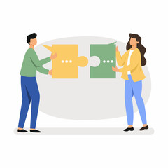 Man and woman connect two puzzles. Employees of company. Compatibility, relationships and friendship.