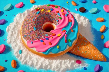 Delicious round donut with glazed icing and colorful sprinkles - yummy tantalizing pastry snack.