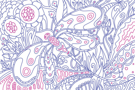 A dragonfly flies among the flowers, the drawing is drawn with a line. Coloring book for adults. Vector.