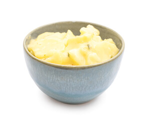 Bowl with creamy potato salad on white background