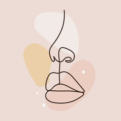 Female lips and nose in one line drawing style. Mouth silhouette on colored spots. Permanent or tattoo make up. Beauty studio logo. Linear vector Illustration in trendy minimalist style.