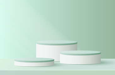 Realistic green and white, 3D cylinder stand podium. Vector luxury geometric forms. Abstract minimal scene for Product presentation, mock up, show cosmetic.