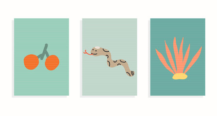 Fototapeta na wymiar abstract mid-century modern vector wall-art set with snake, berries