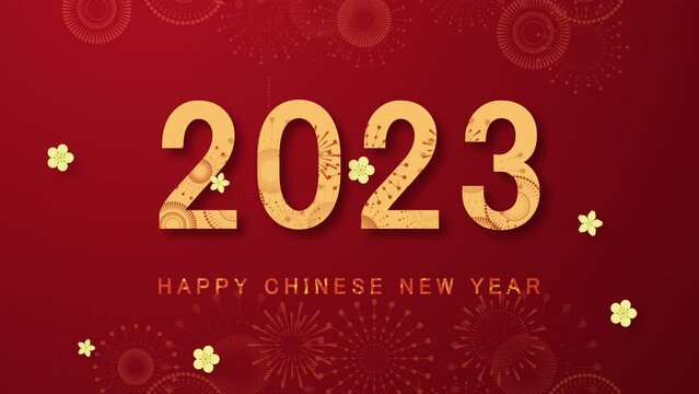 Chinese new year 2023 year of the rabbit. Chinese New Year background with golden fireworks on red background.3d rendering Seamless Loop.
