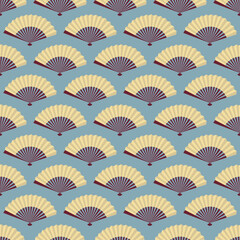 Chinese fan seamless pattern on blue background. Oriental wallpaper. Vintage Japanese theme. Flat design.