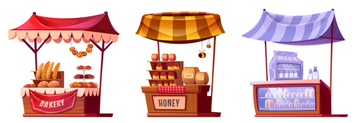 Farm market stalls, wooden fair booths, isolated kiosks with striped awning and farmer food honey, dairy products and vegetables. Wood vendor counters for street trading, Cartoon vector illustration
