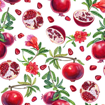 Pomegranates on branches with flowers and seeds seamless watercolor pattern. Hand drawn red ripe exotic fruits illustration. Endless background for wallpapers and textiles in trendy color viva magenta
