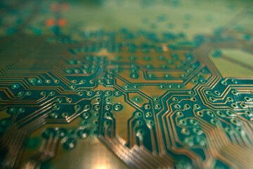 Electronic circuit board closeup. Electronic motherboard card. Circuitry and close-up on electronics. Background of electronics on board electrical circuits, technology texture.