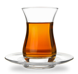 Glass of Turkish tea on white background