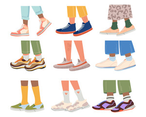 Legs in sneakers flat icons set. Trendy colorful shoes. Athletic shoes for trainings and walking - obrazy, fototapety, plakaty