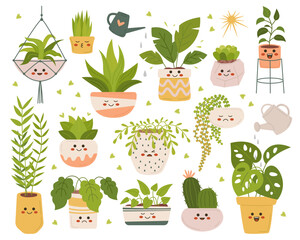 Cartoon pots with green and fading houseplant flat icons set. Tropical plant for interior decor. Beautiful cactus