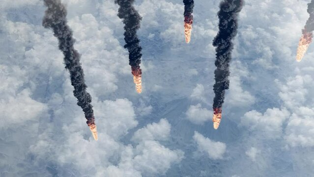Large Meteors asteroids falling from the skies
Aerial view over burning meteors or rockets flying over the clouds, Cinematic view,2022

