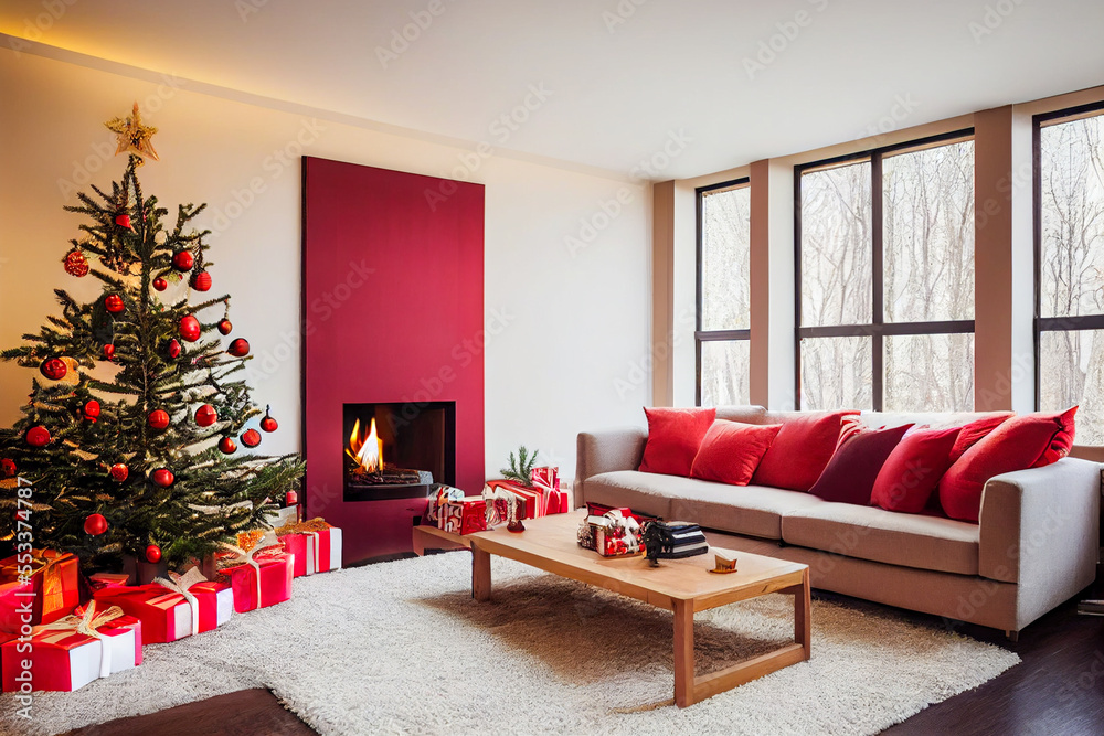 Wall mural a living room with a chrismas tree