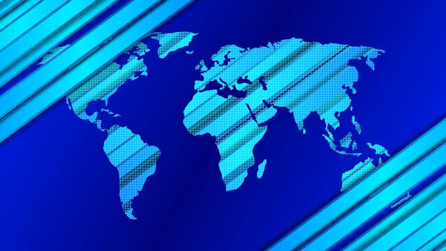 blue background animation with World map and moving strips on both sides.