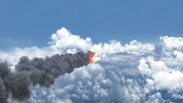 Meteors asteroids or rockets flying over clouds
Aerial view over burning meteors or rockets flying over the clouds, Cinematic view,2022,global extinction threat concept
