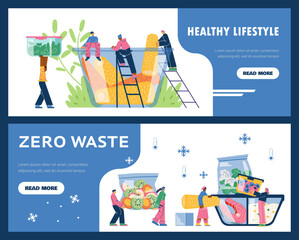 Zero food waste and healthy lifestyle banners or posters set, flat vector.